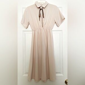 Beige/Cream/Brown Ribbon Tie A-Line Elastic Waist Shirt Button Dress YesStyle